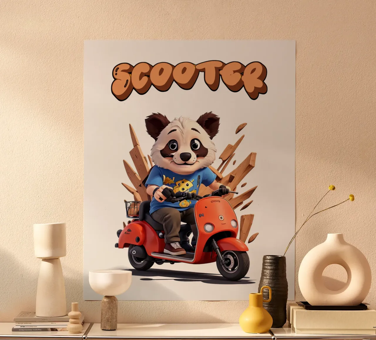 Panda Scooter poster con telaio in legno da Delaney Okuneva