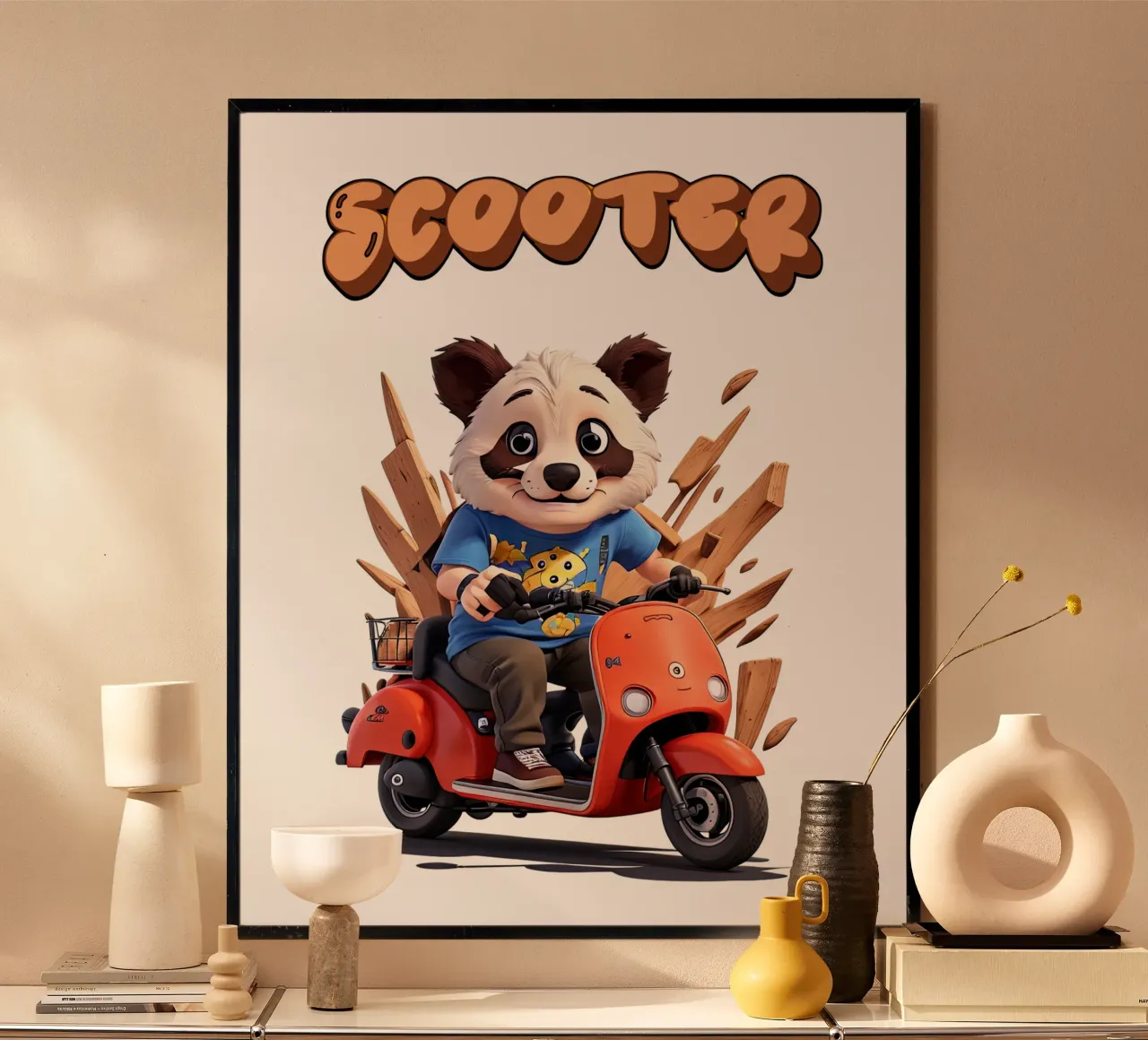 Panda Scooter poster con telaio in legno da Delaney Okuneva