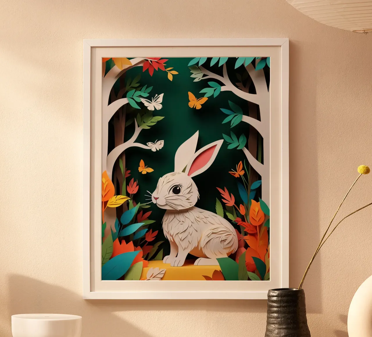 Taglio della carta del coniglio poster con telaio in alluminio da Delaney Okuneva