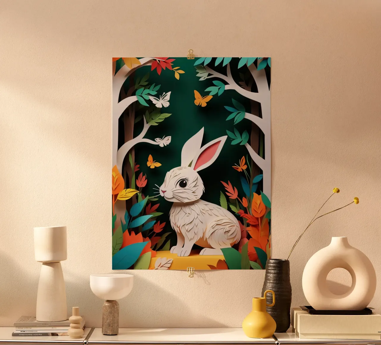 Taglio della carta del coniglio poster con telaio in alluminio da Delaney Okuneva