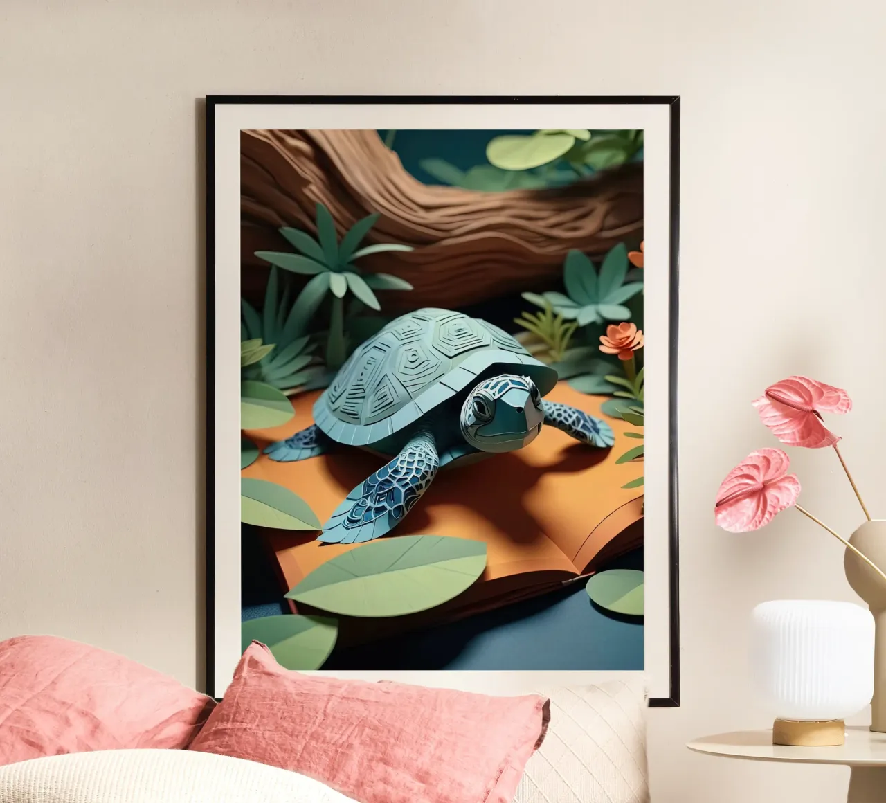 Taglio della carta Turttle poster con telaio in legno da Delaney Okuneva