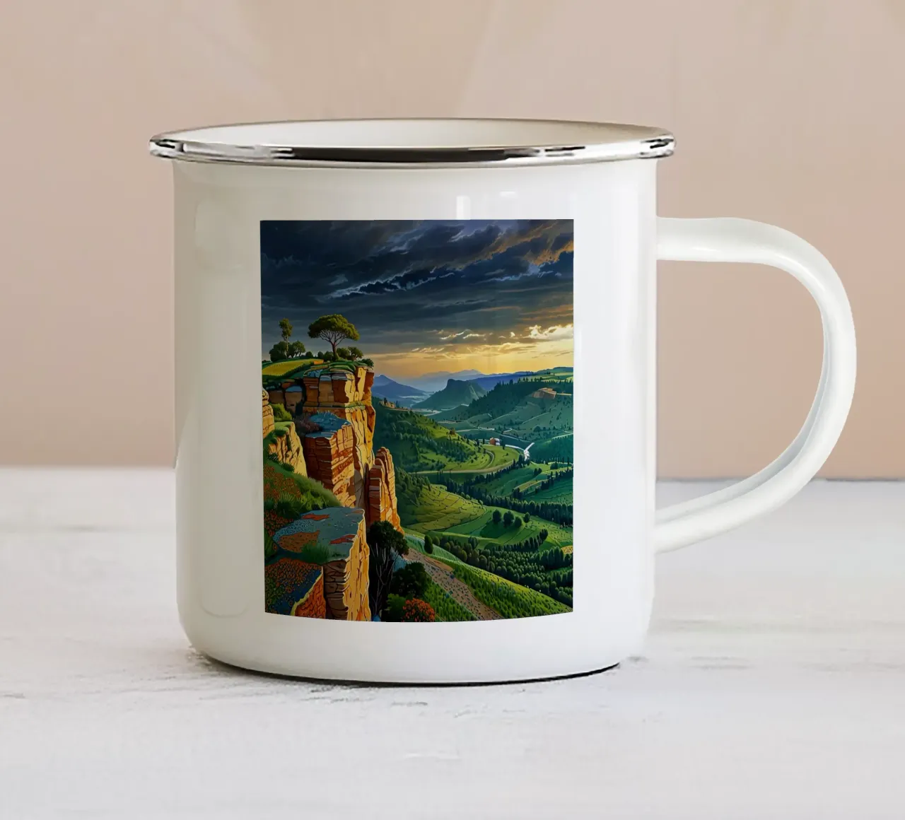Tramonto sul selvaggio tazza in smalto da Delaney Okuneva