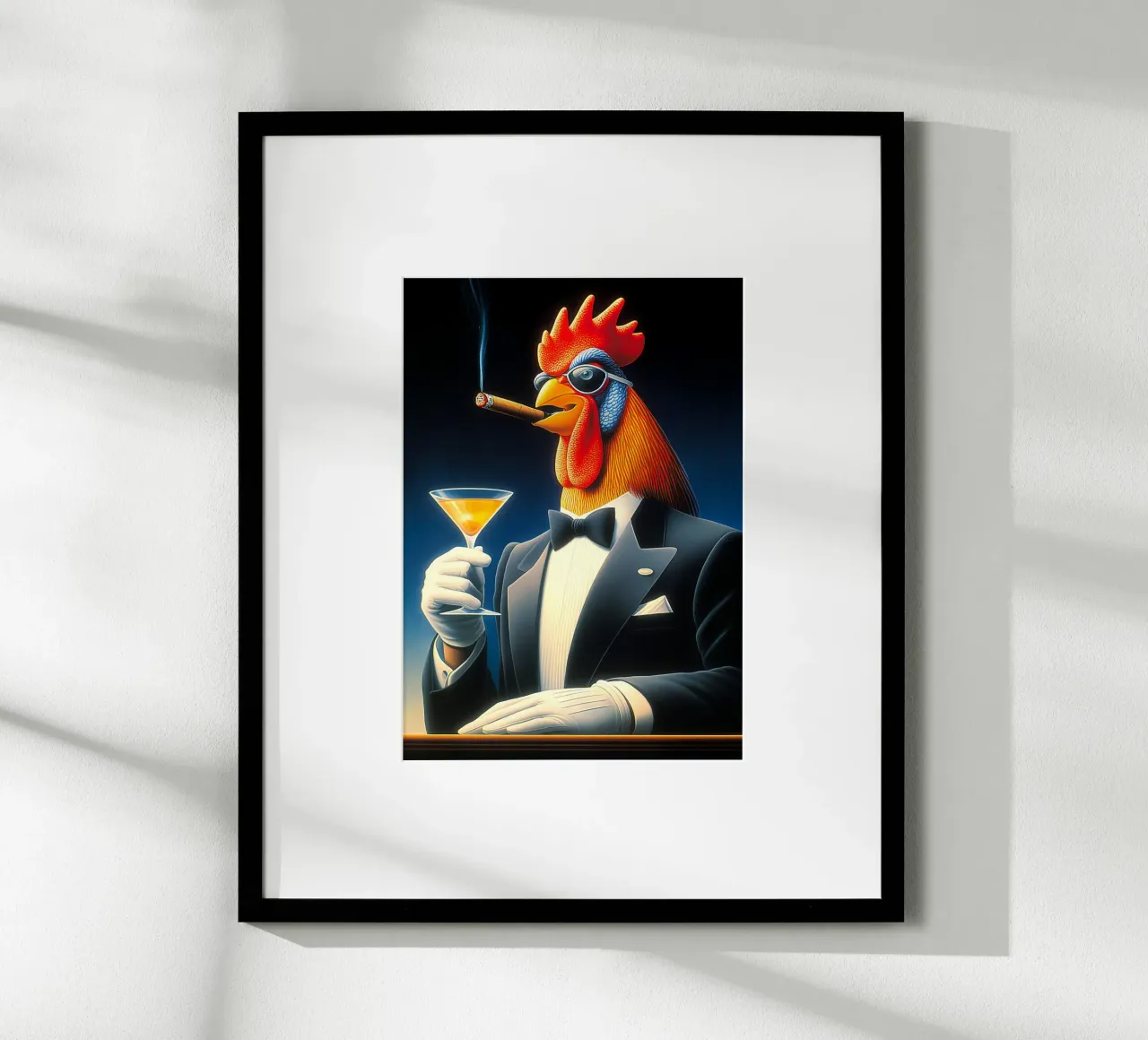 Gallo smoking fantasia che fuma il sigaro poster con telaio in legno da Fleur de Lys