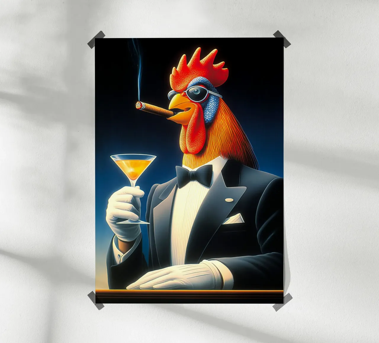 Gallo smoking fantasia che fuma il sigaro poster con telaio in legno da Fleur de Lys