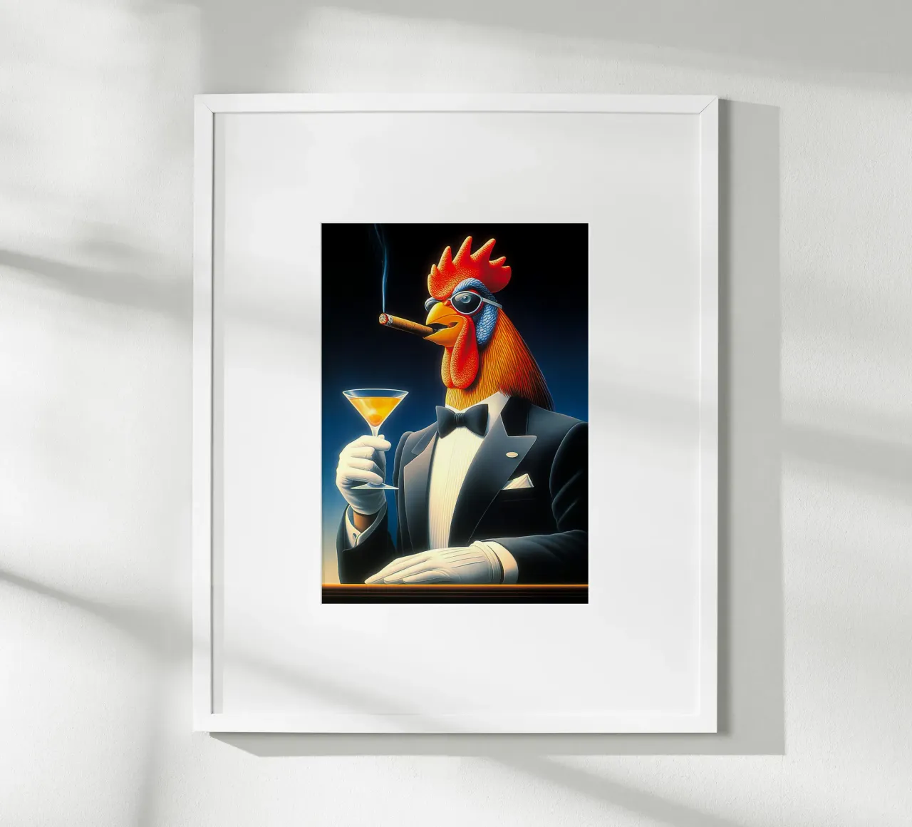 Gallo smoking fantasia che fuma il sigaro poster con telaio in legno da Fleur de Lys
