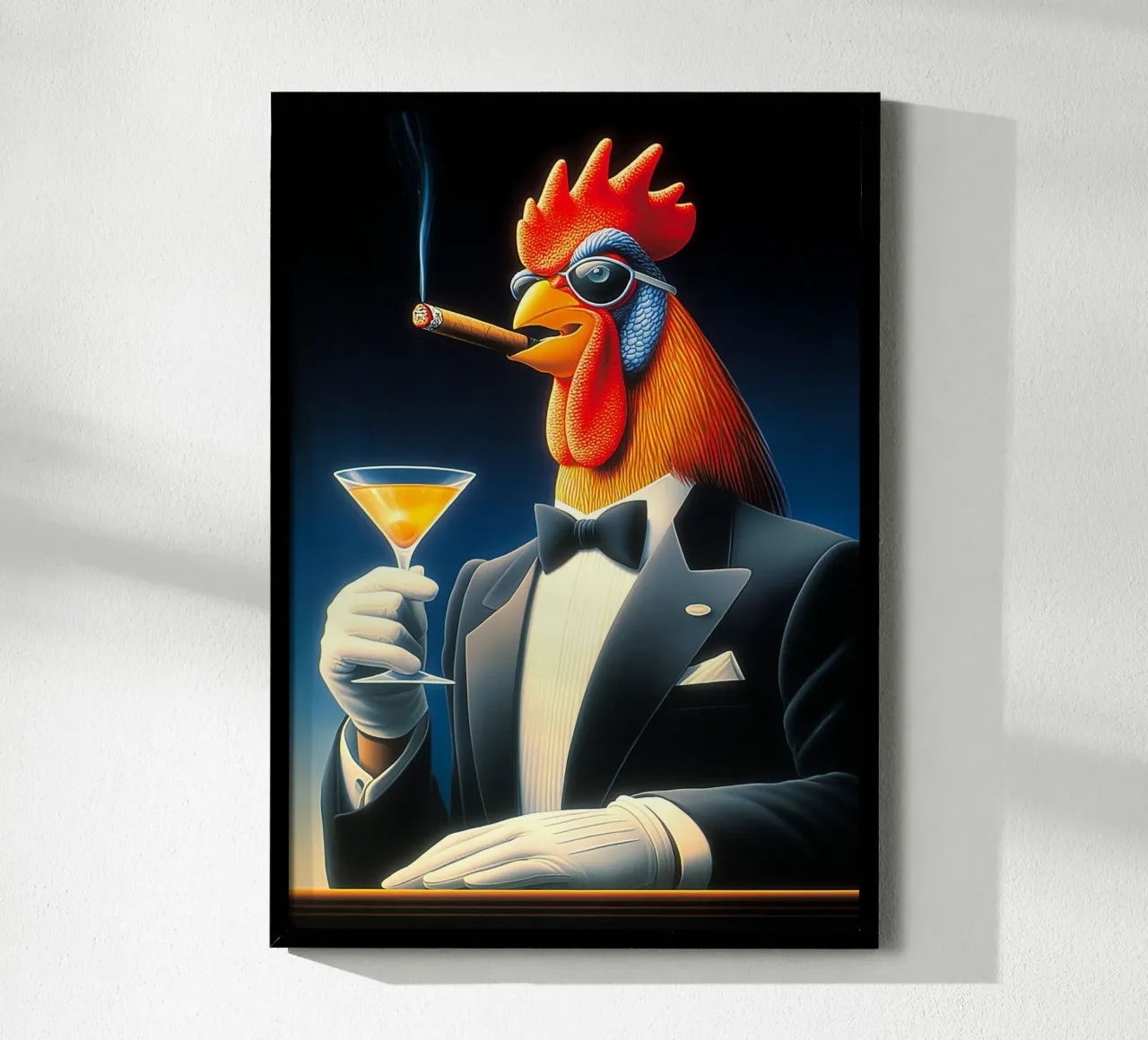 Gallo smoking fantasia che fuma il sigaro poster con telaio in legno da Fleur de Lys