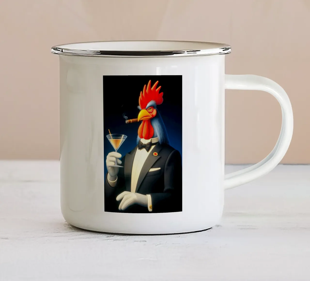 Fancy Tuxedo Rooster enamel mug by Fleur de Lys
