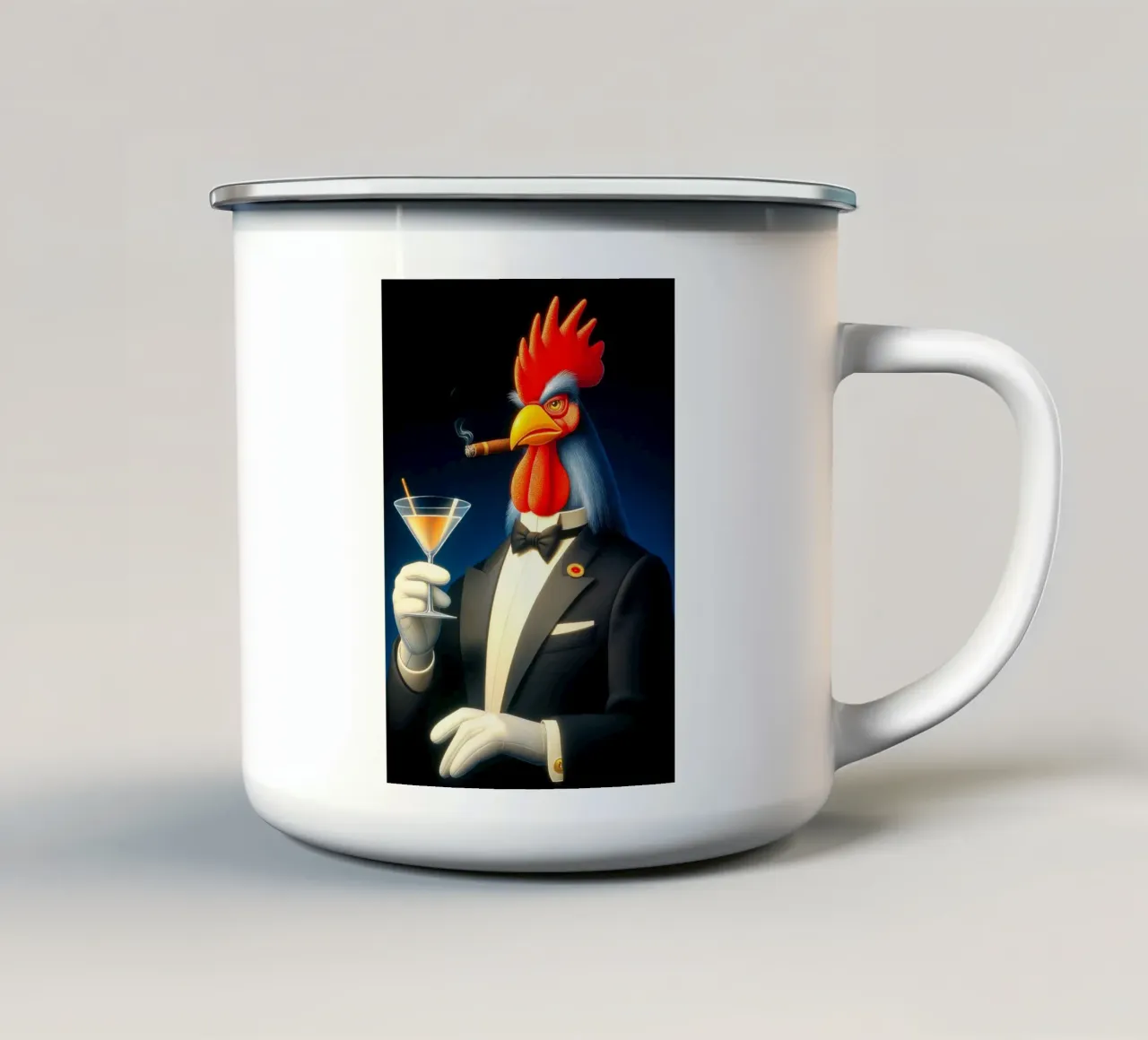 Fancy Tuxedo Rooster enamel mug by Fleur de Lys