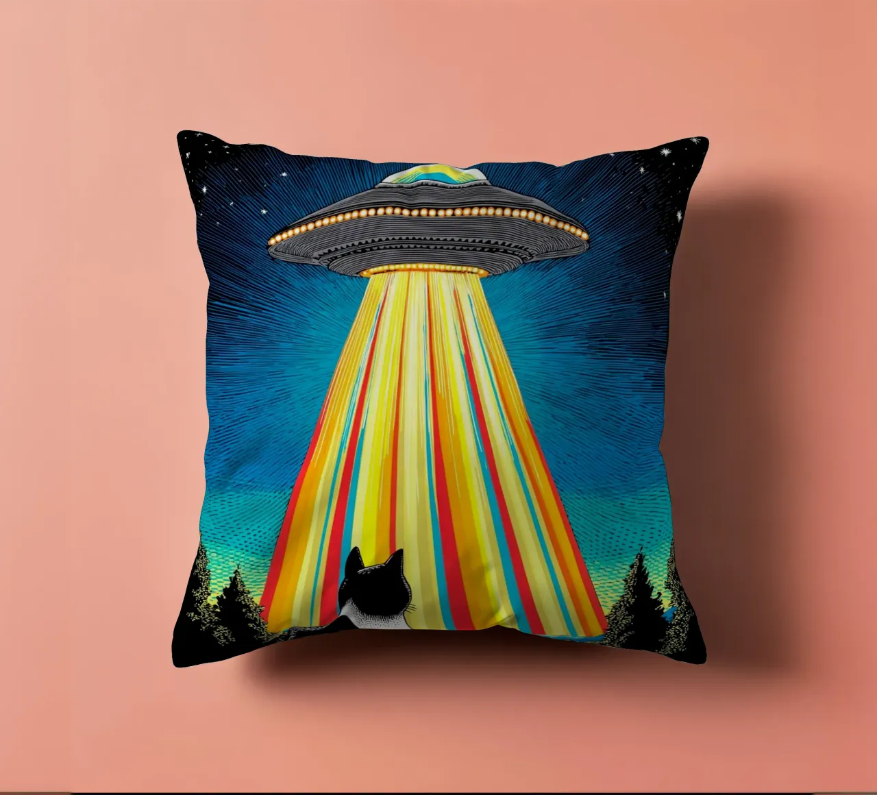 Gatto, UFO e Raggio Arcobaleno cuscino da Fleur de Lys