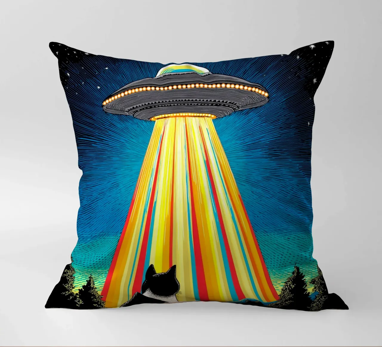 Gatto, UFO e Raggio Arcobaleno cuscino da Fleur de Lys