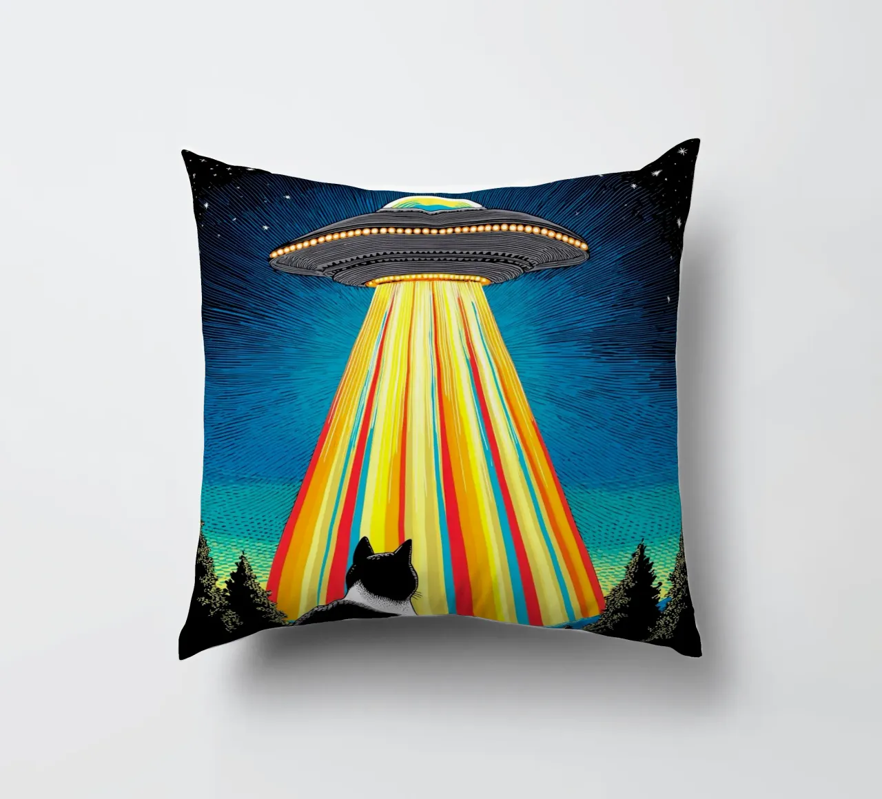 Gatto, UFO e Raggio Arcobaleno cuscino da Fleur de Lys