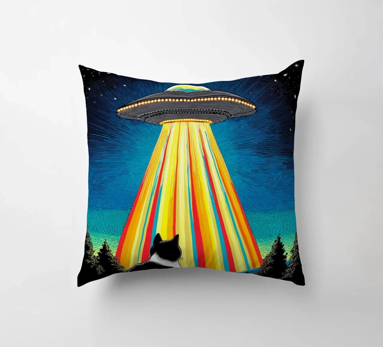 Gatto, UFO e Raggio Arcobaleno cuscino da Fleur de Lys
