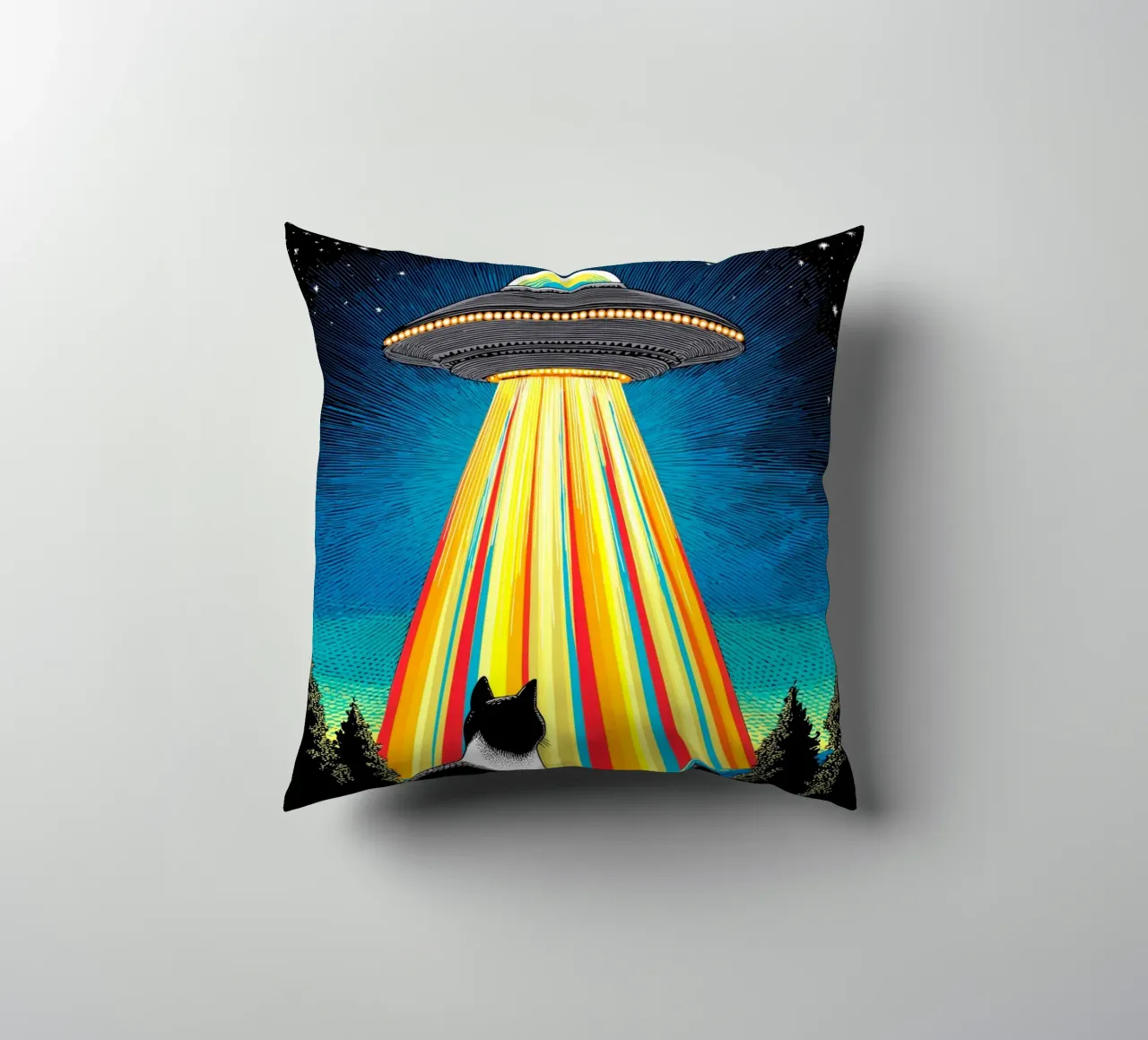 Gatto, UFO e Raggio Arcobaleno cuscino da Fleur de Lys