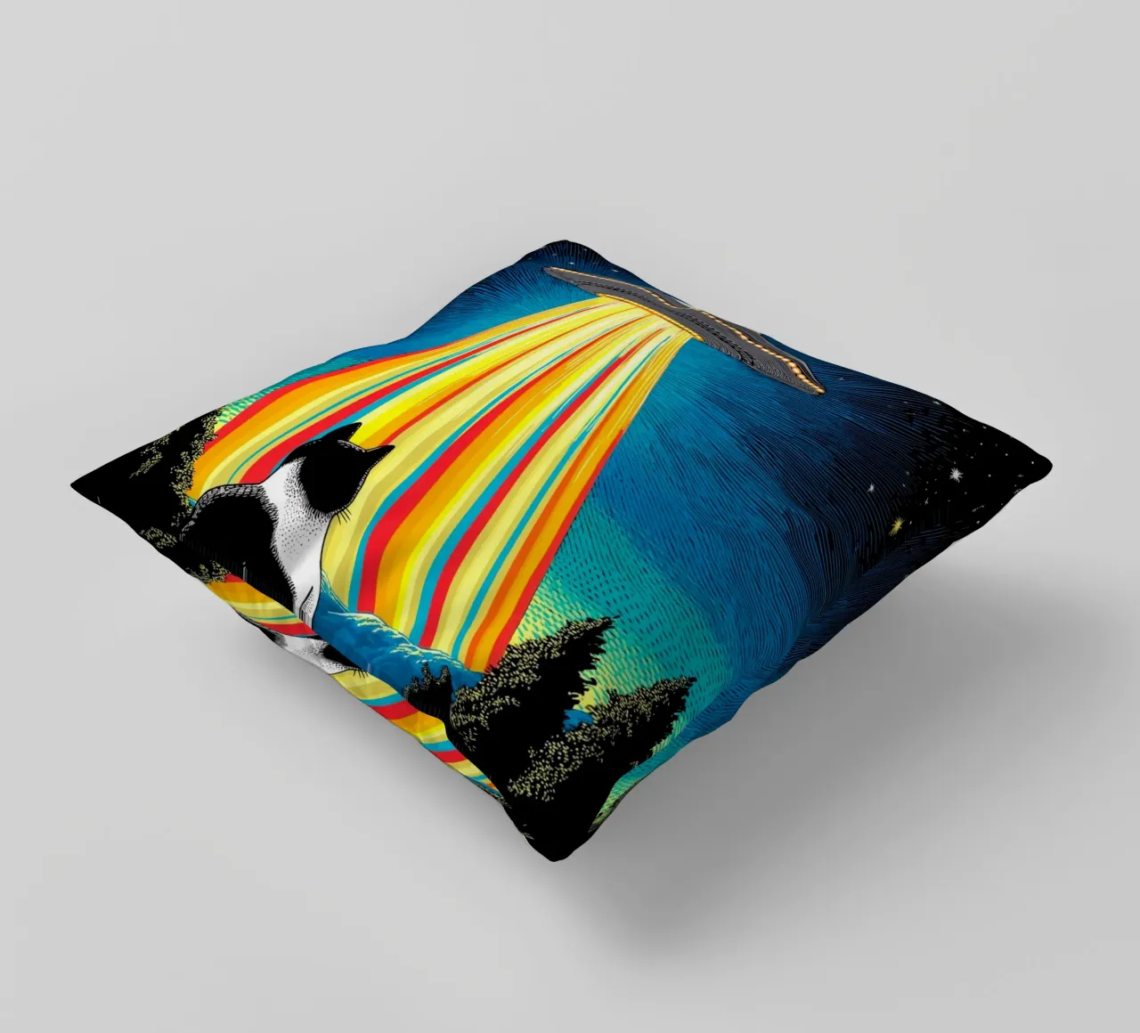 Gatto, UFO e Raggio Arcobaleno cuscino da Fleur de Lys