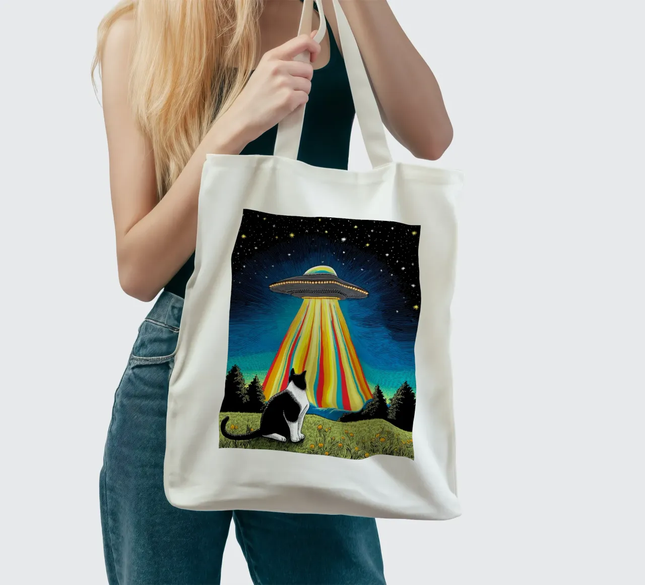 Gatto, UFO e Raggio Arcobaleno borsa in juta da Fleur de Lys
