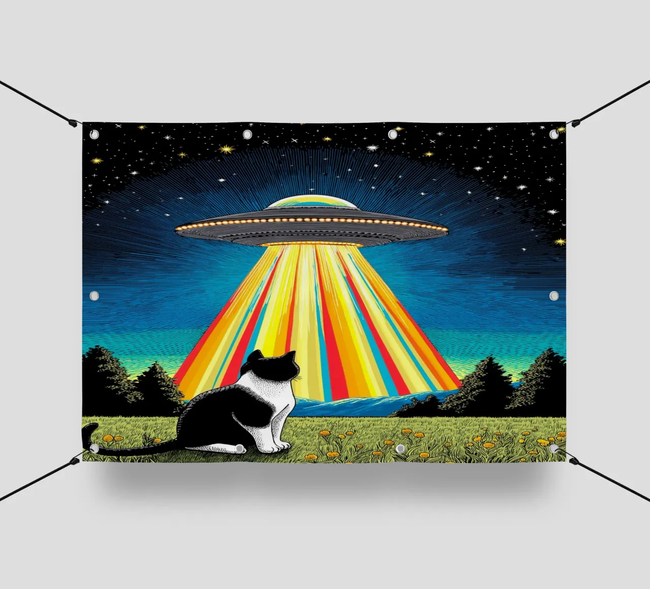 Gatto, UFO e Raggio Arcobaleno telo in pvc da Fleur de Lys