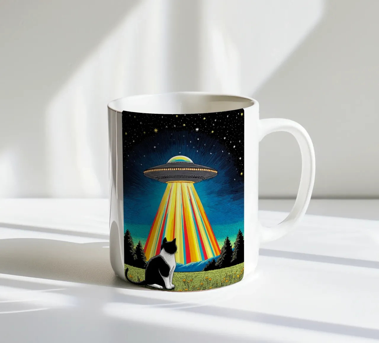 Gatto, UFO e Raggio Arcobaleno tazza in ceramica da Fleur de Lys