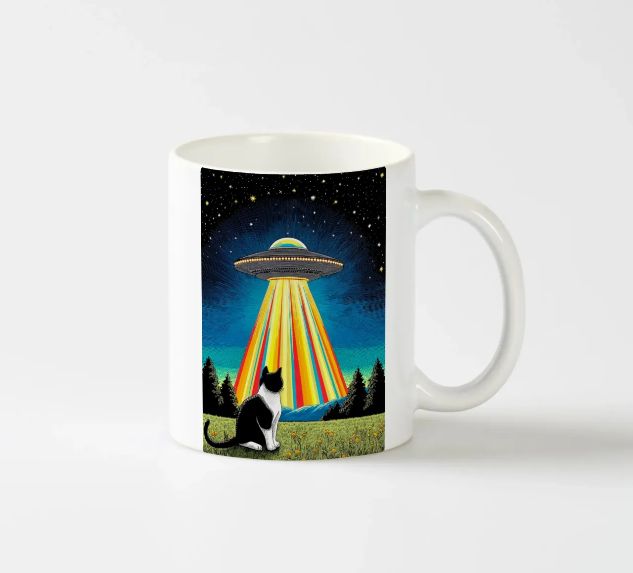 Gatto, UFO e Raggio Arcobaleno tazza in ceramica da Fleur de Lys