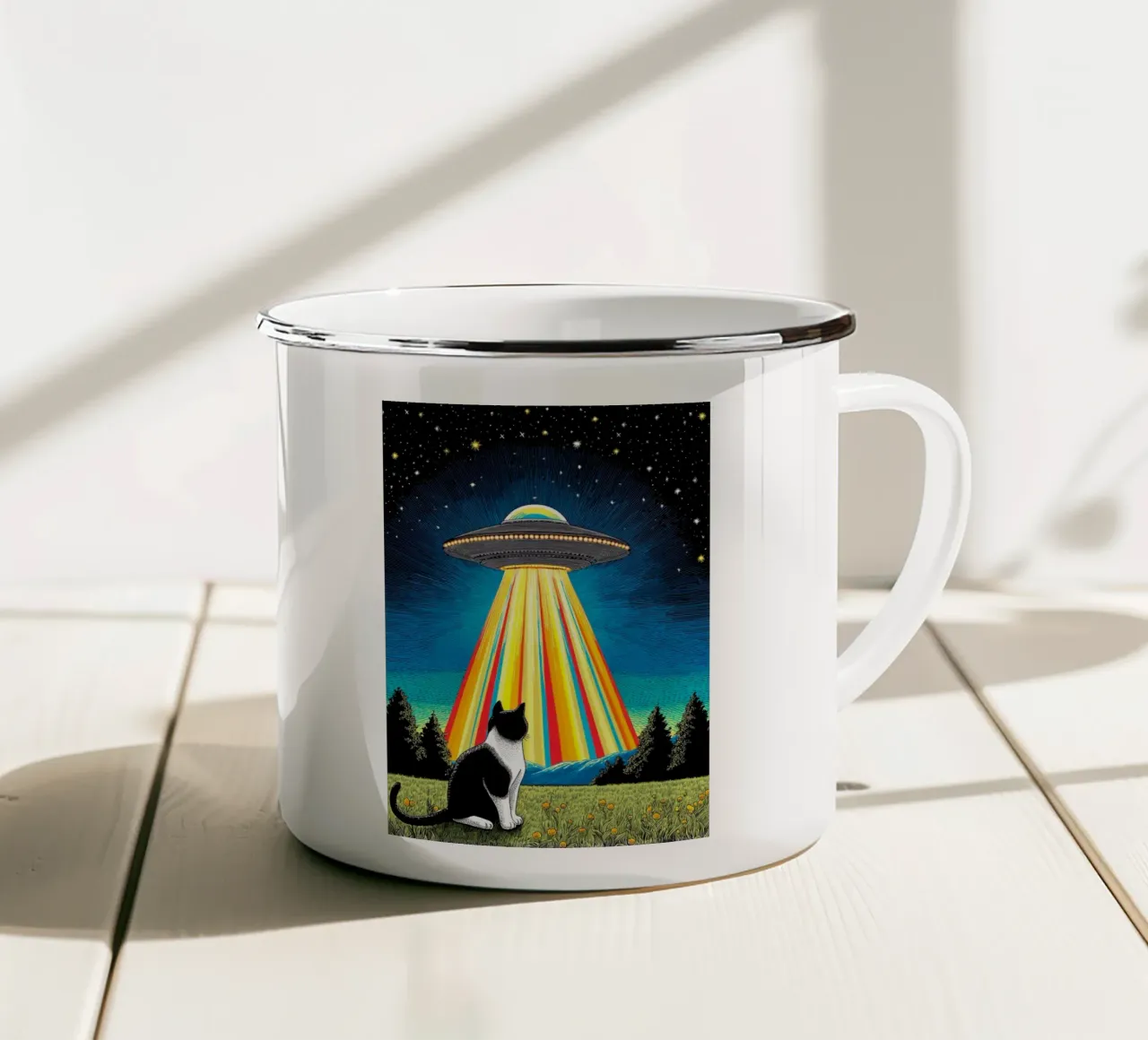 Gatto, UFO e Raggio Arcobaleno tazza in smalto da Fleur de Lys