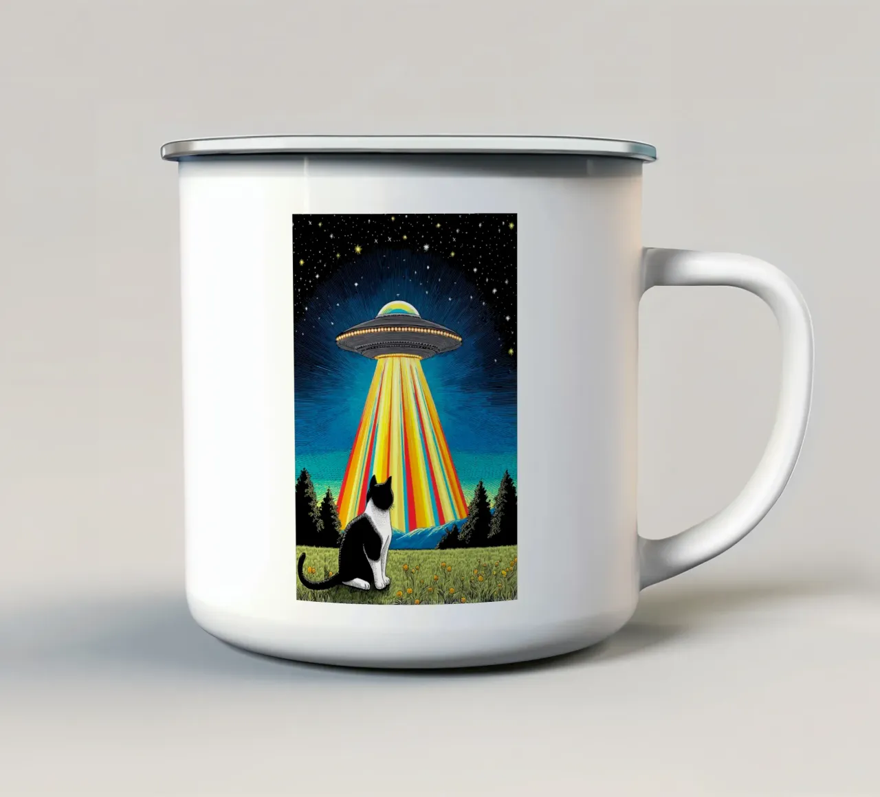 Gatto, UFO e Raggio Arcobaleno tazza in smalto da Fleur de Lys