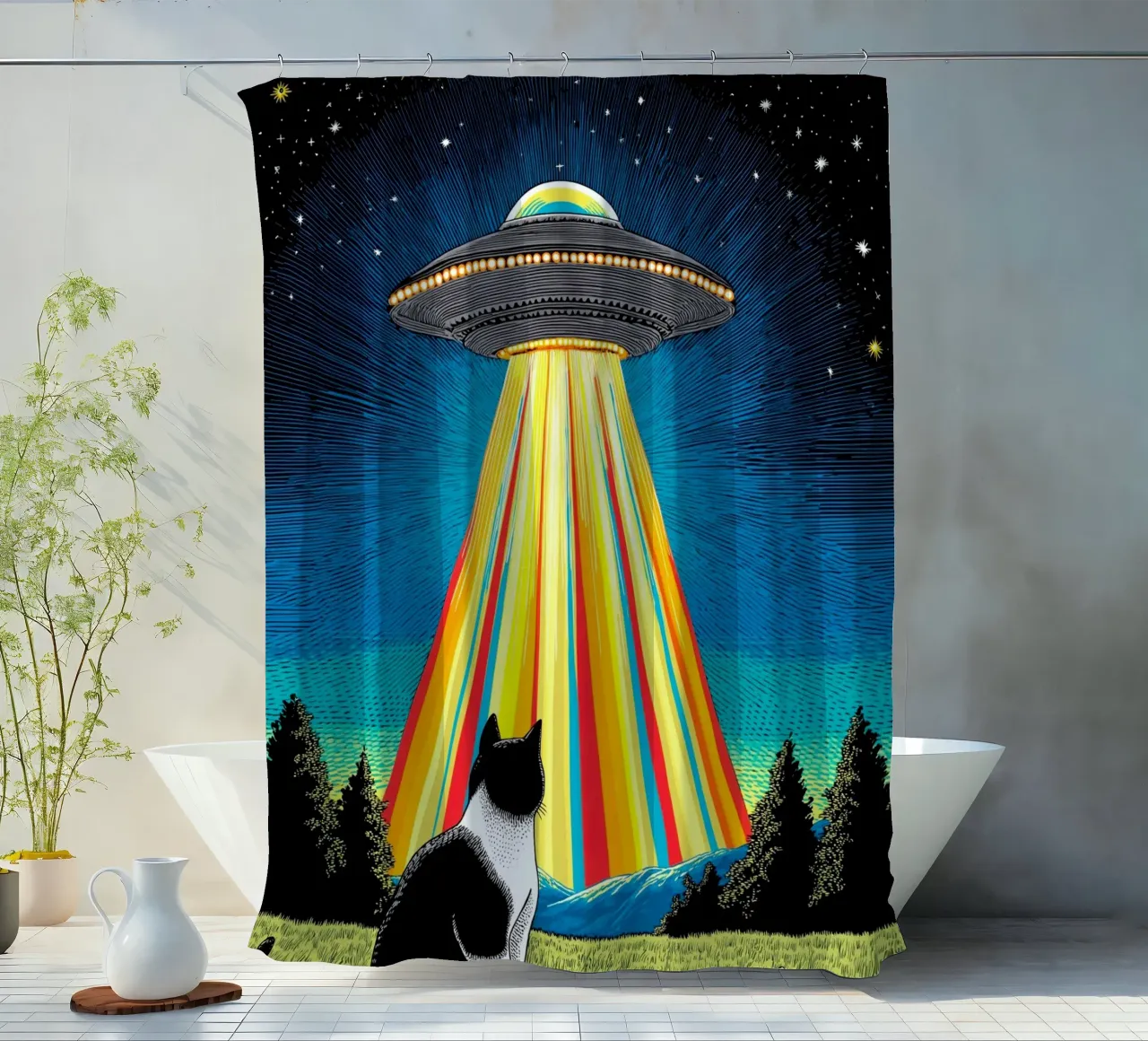 Gatto, UFO e Raggio Arcobaleno tenda da doccia da Fleur de Lys