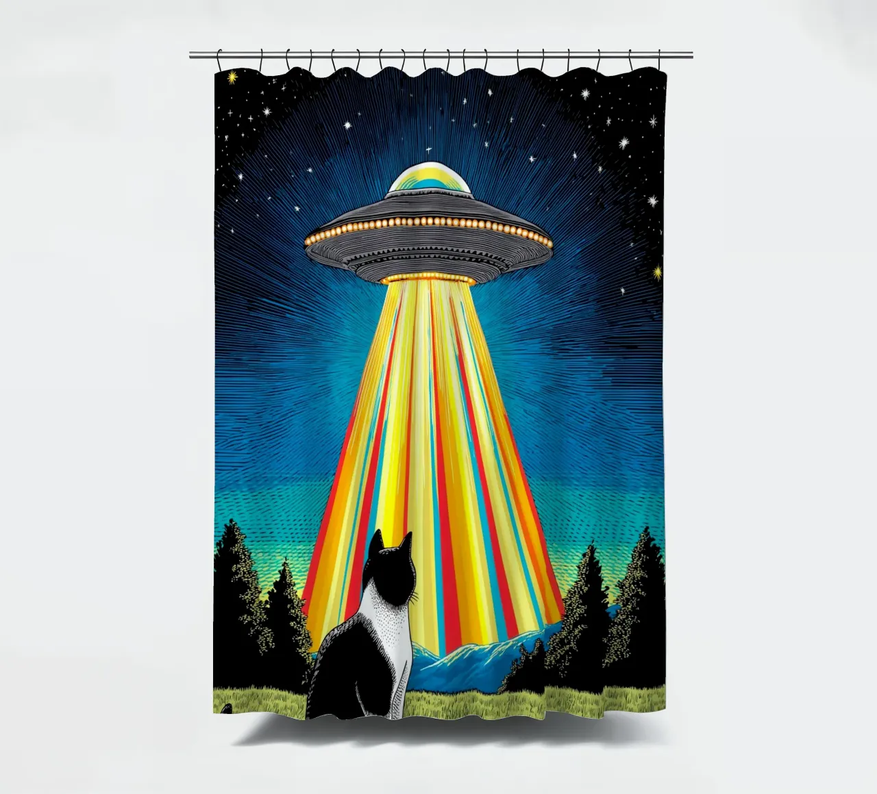 Gatto, UFO e Raggio Arcobaleno tenda da doccia da Fleur de Lys