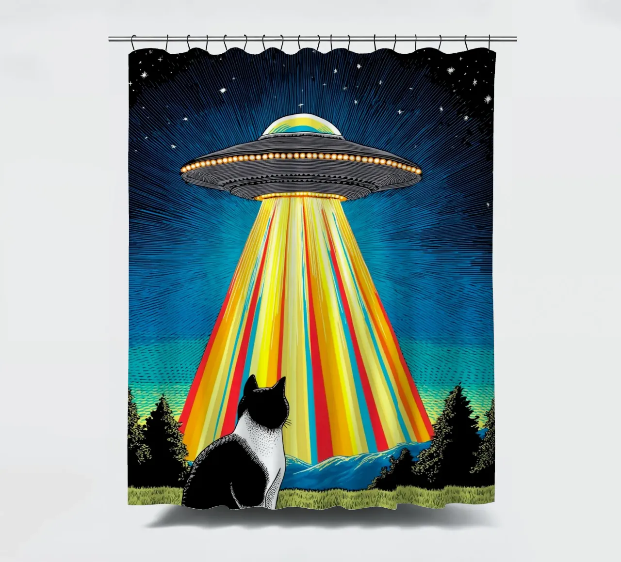 Gatto, UFO e Raggio Arcobaleno tenda da doccia da Fleur de Lys