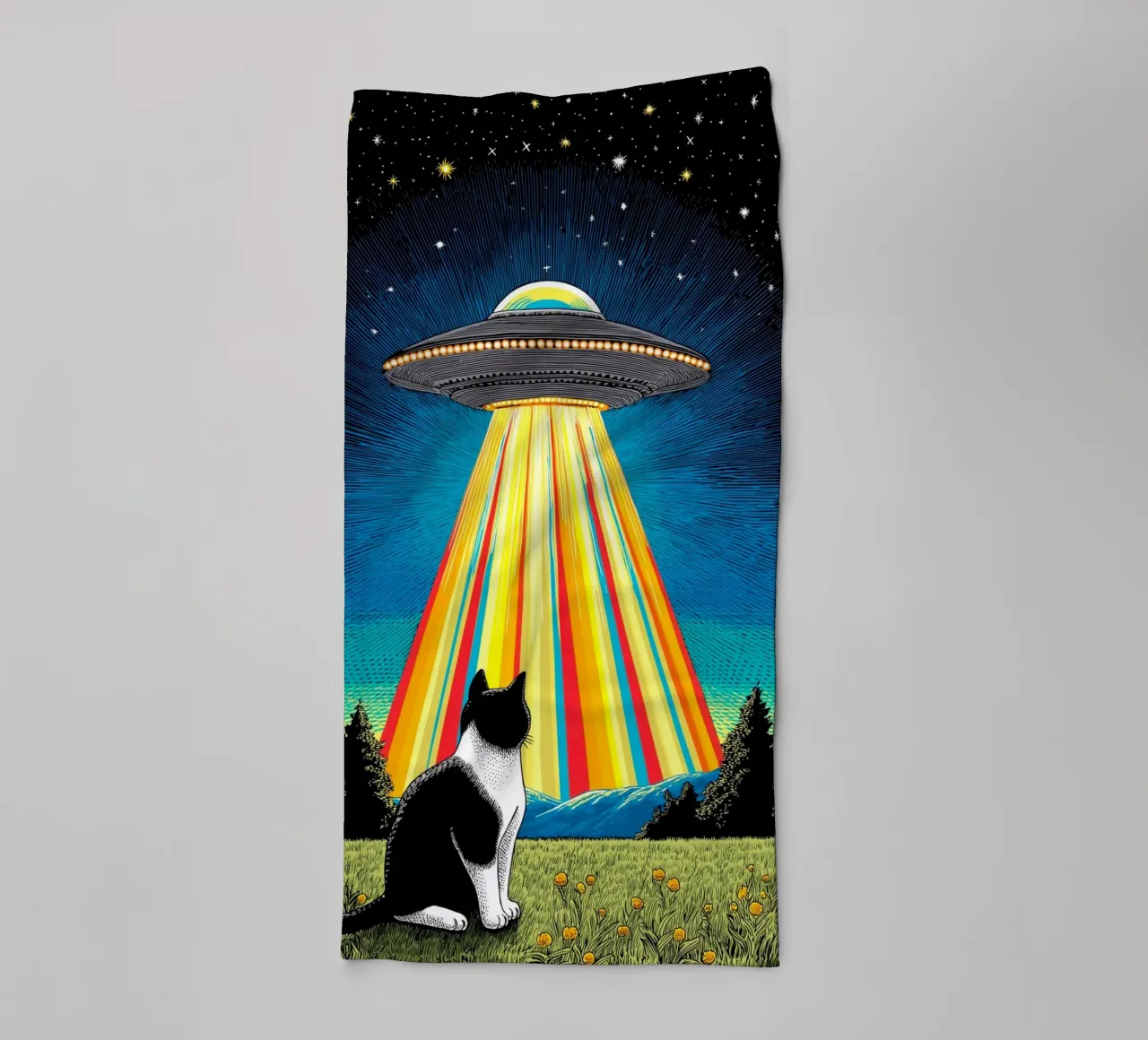 Cat, UFO, and Rainbow Beam towel by Fleur de Lys