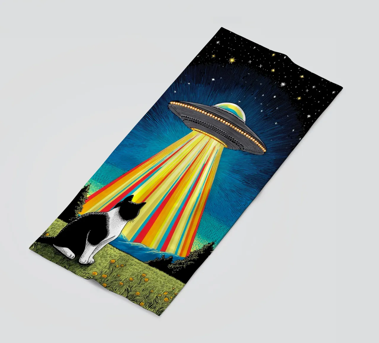 Gatto, UFO e Raggio Arcobaleno telo mare da Fleur de Lys