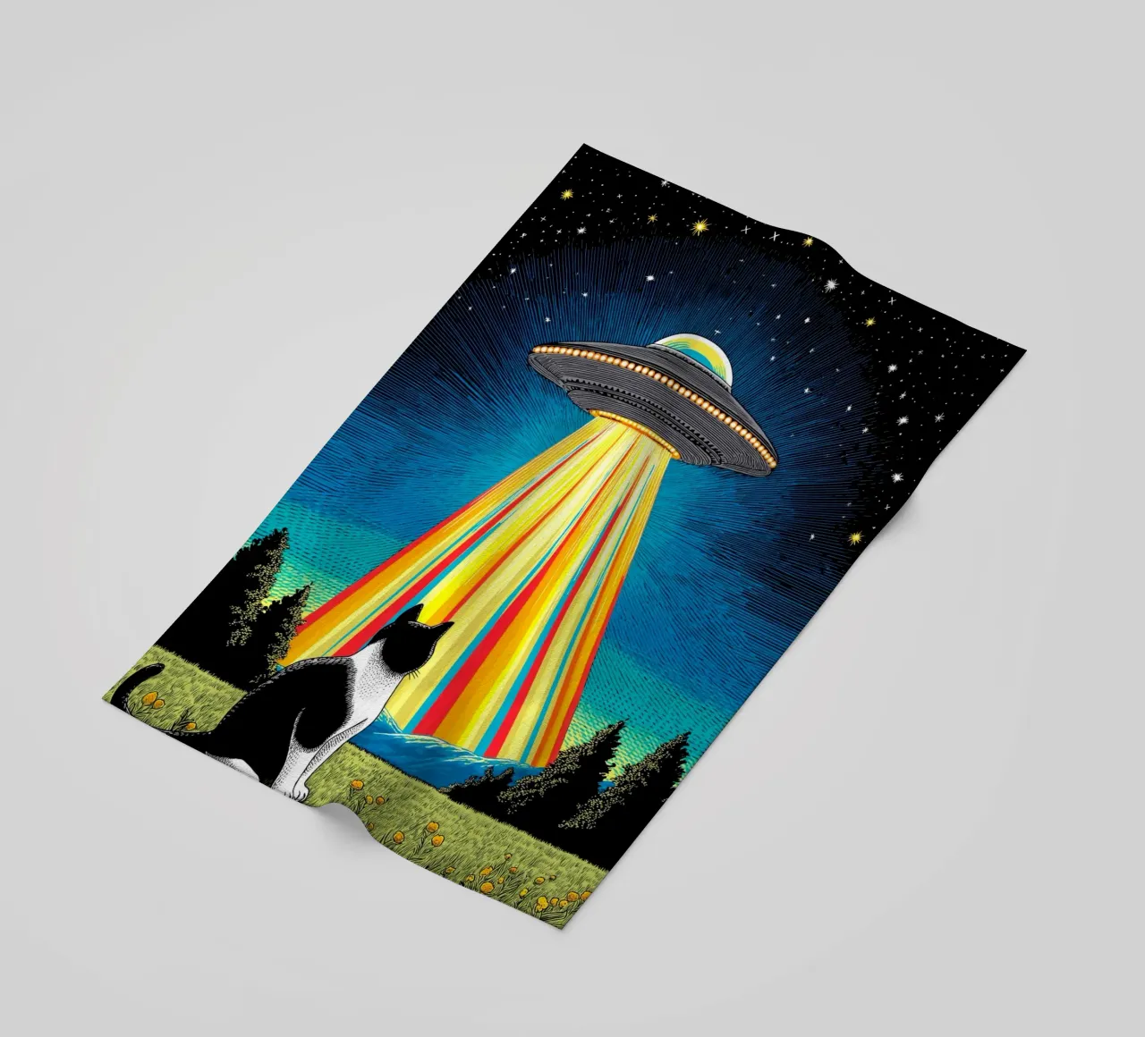 Gatto, UFO e Raggio Arcobaleno telo mare da Fleur de Lys