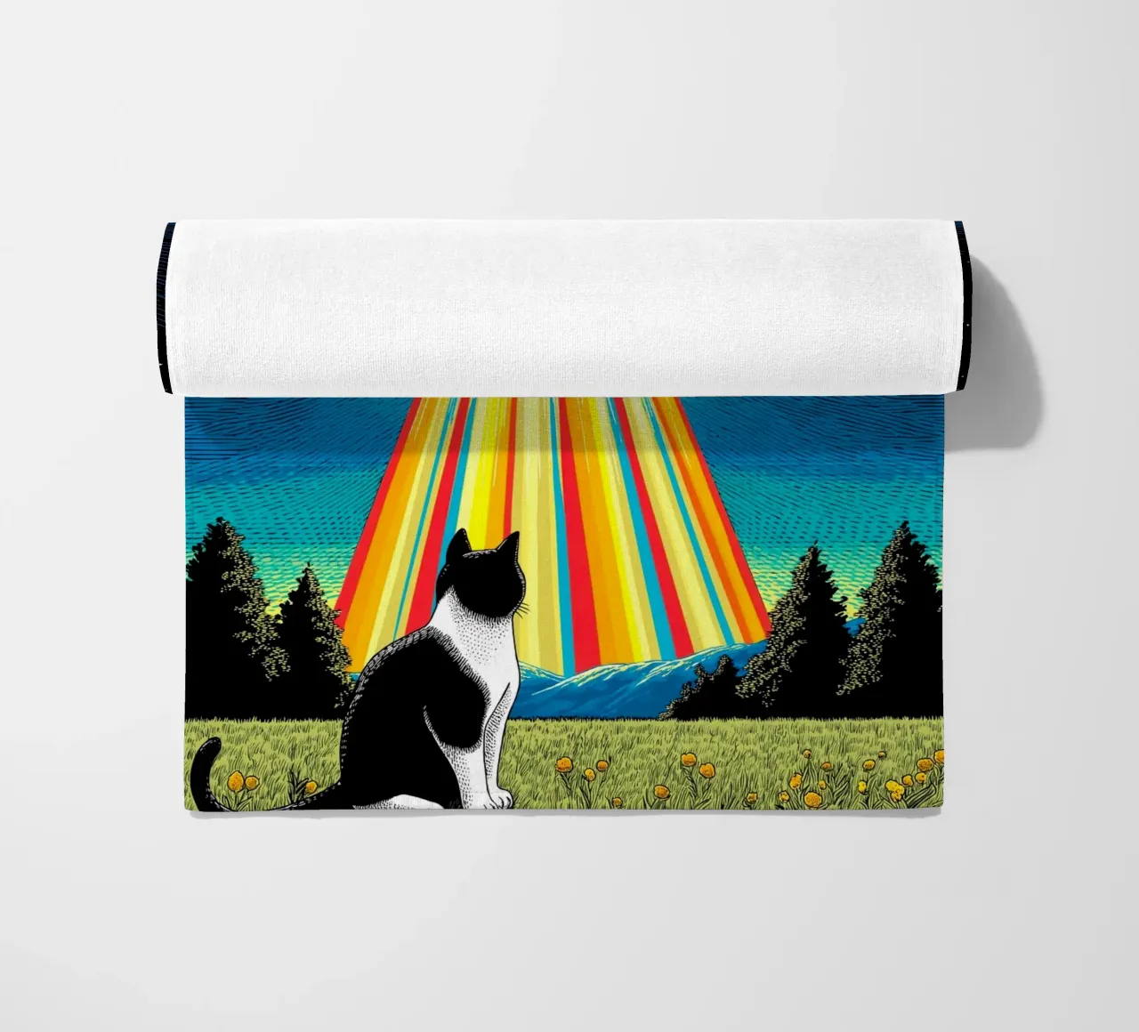 Gatto, UFO e Raggio Arcobaleno telo mare da Fleur de Lys