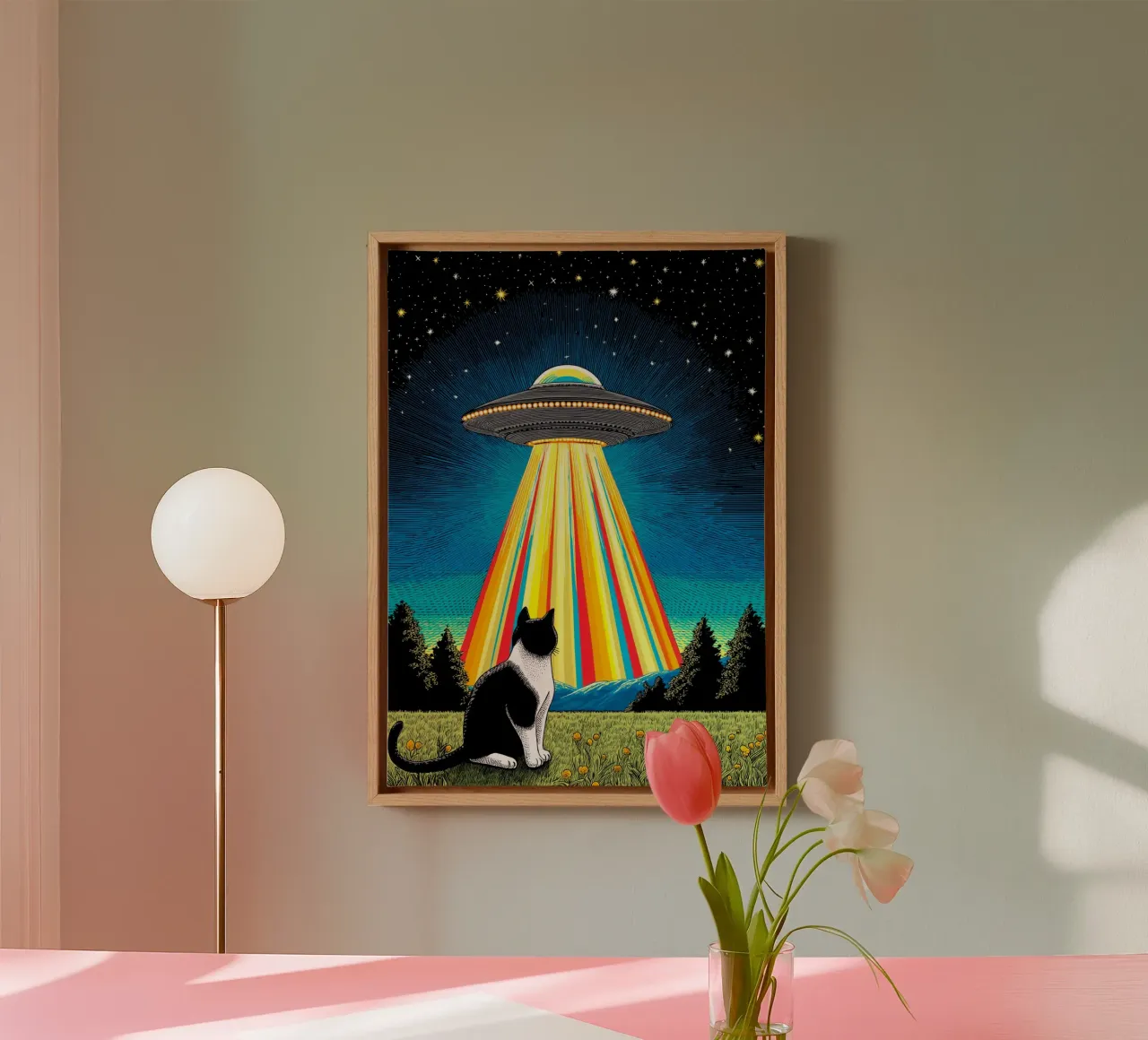 Cat, UFO, and Rainbow Beam canvas by Fleur de Lys