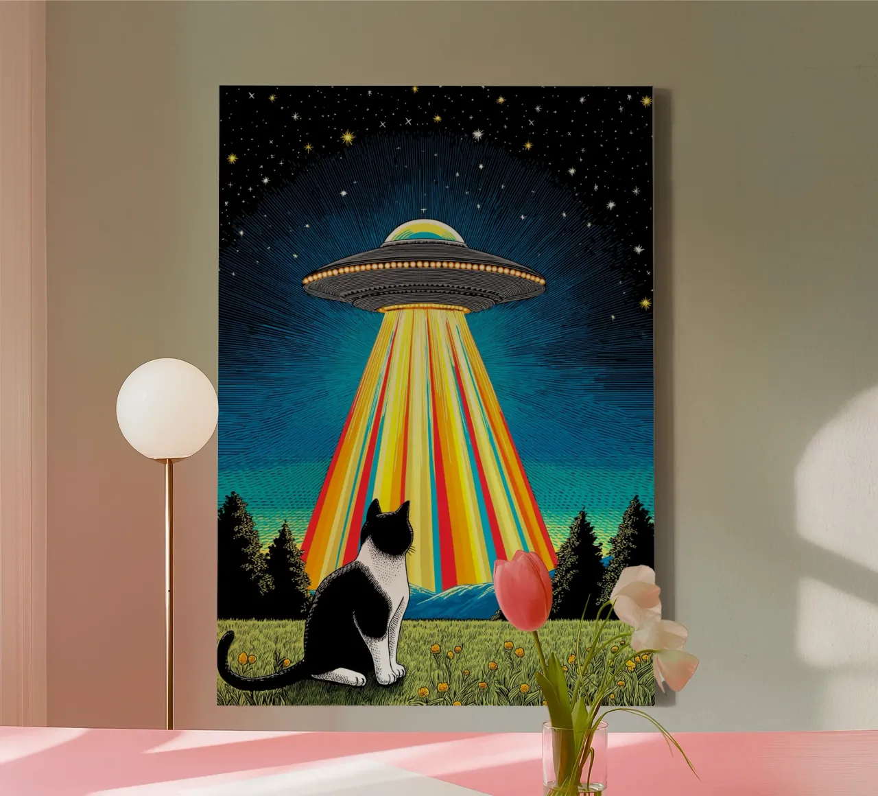 Cat, UFO, and Rainbow Beam canvas by Fleur de Lys