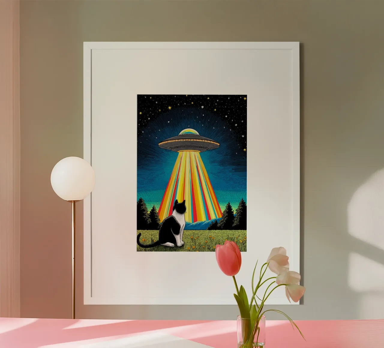 Cat, UFO, and Rainbow Beam hahnemühle by Fleur de Lys
