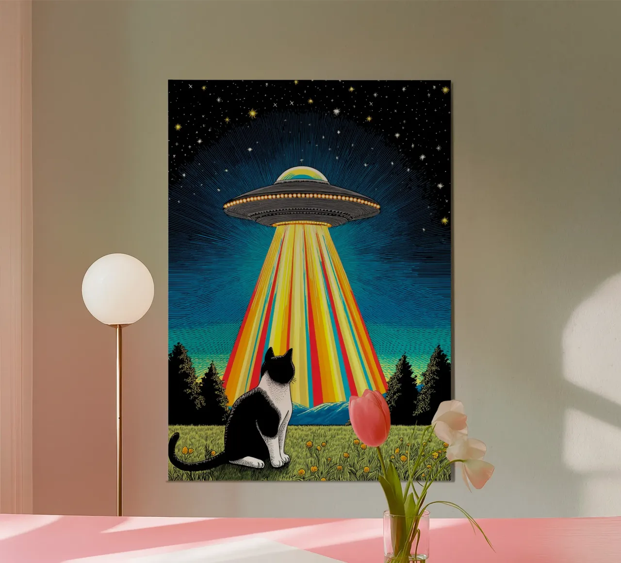 Cat, UFO, and Rainbow Beam hahnemühle by Fleur de Lys