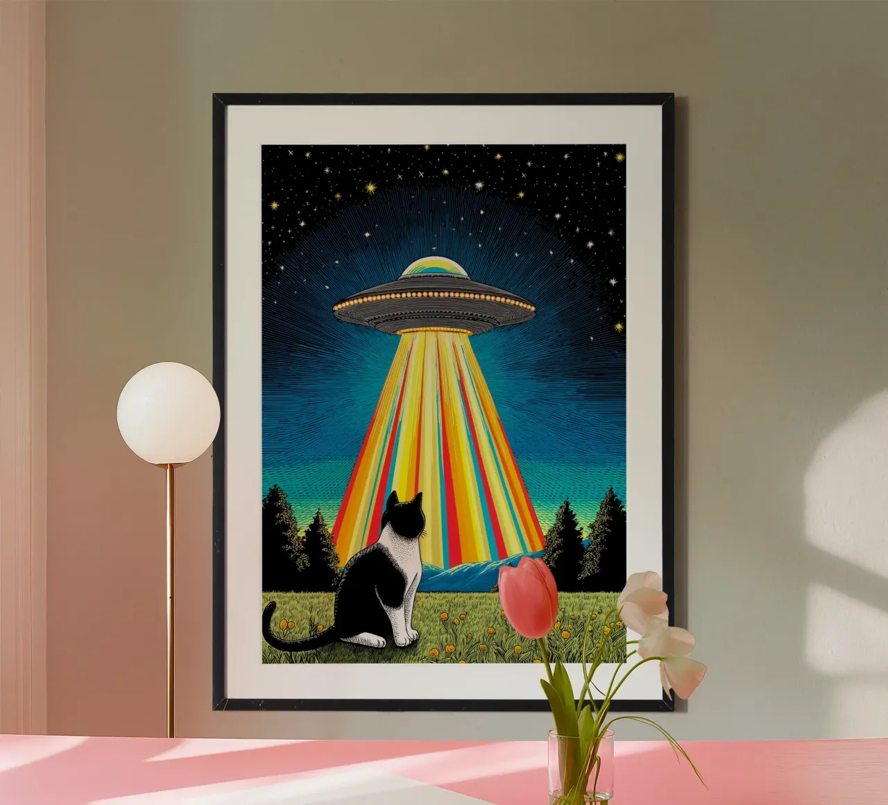 Cat, UFO, and Rainbow Beam hahnemühle by Fleur de Lys