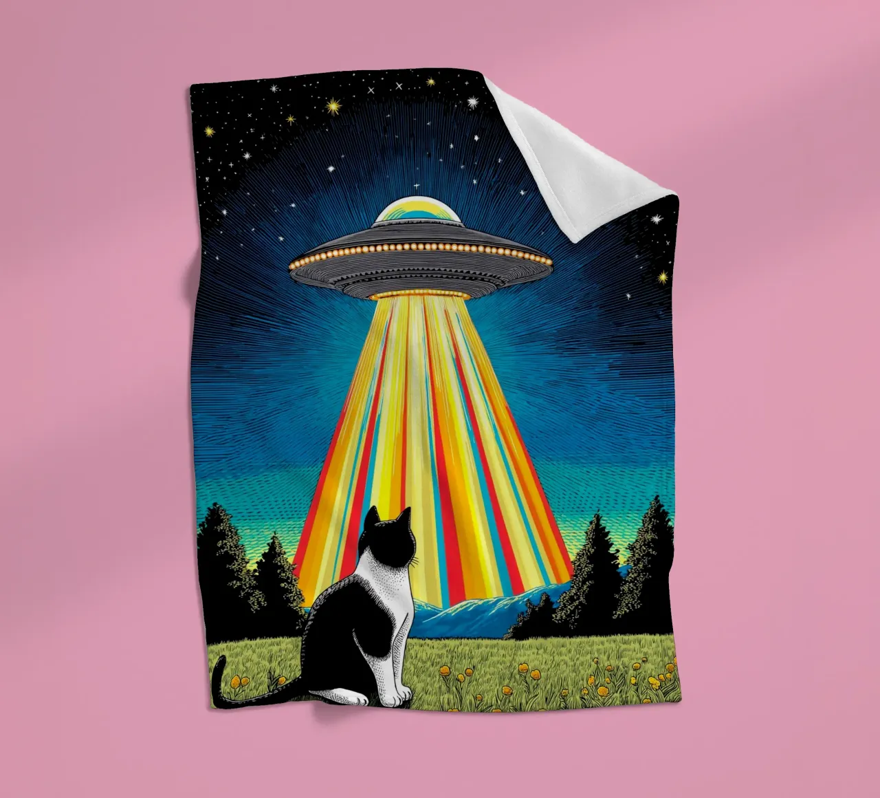 Gatto, UFO e Raggio Arcobaleno coperta in pile da Fleur de Lys
