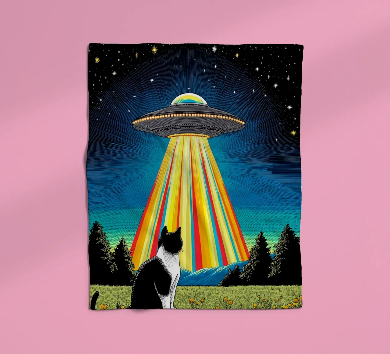 Gatto, UFO e Raggio Arcobaleno coperta in pile da Fleur de Lys
