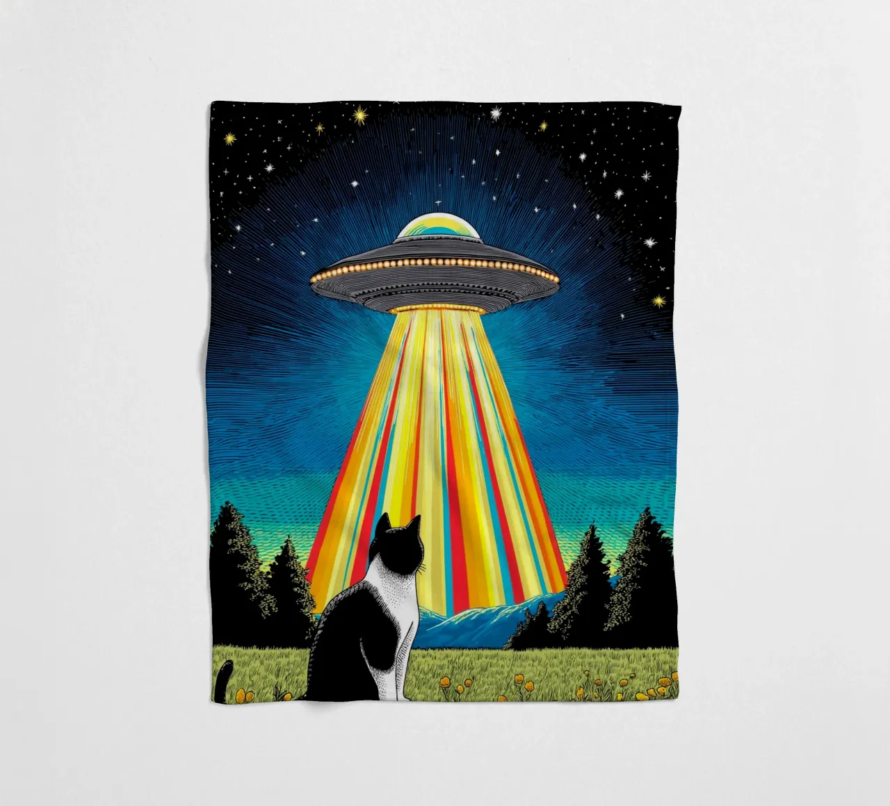 Gatto, UFO e Raggio Arcobaleno coperta in pile da Fleur de Lys