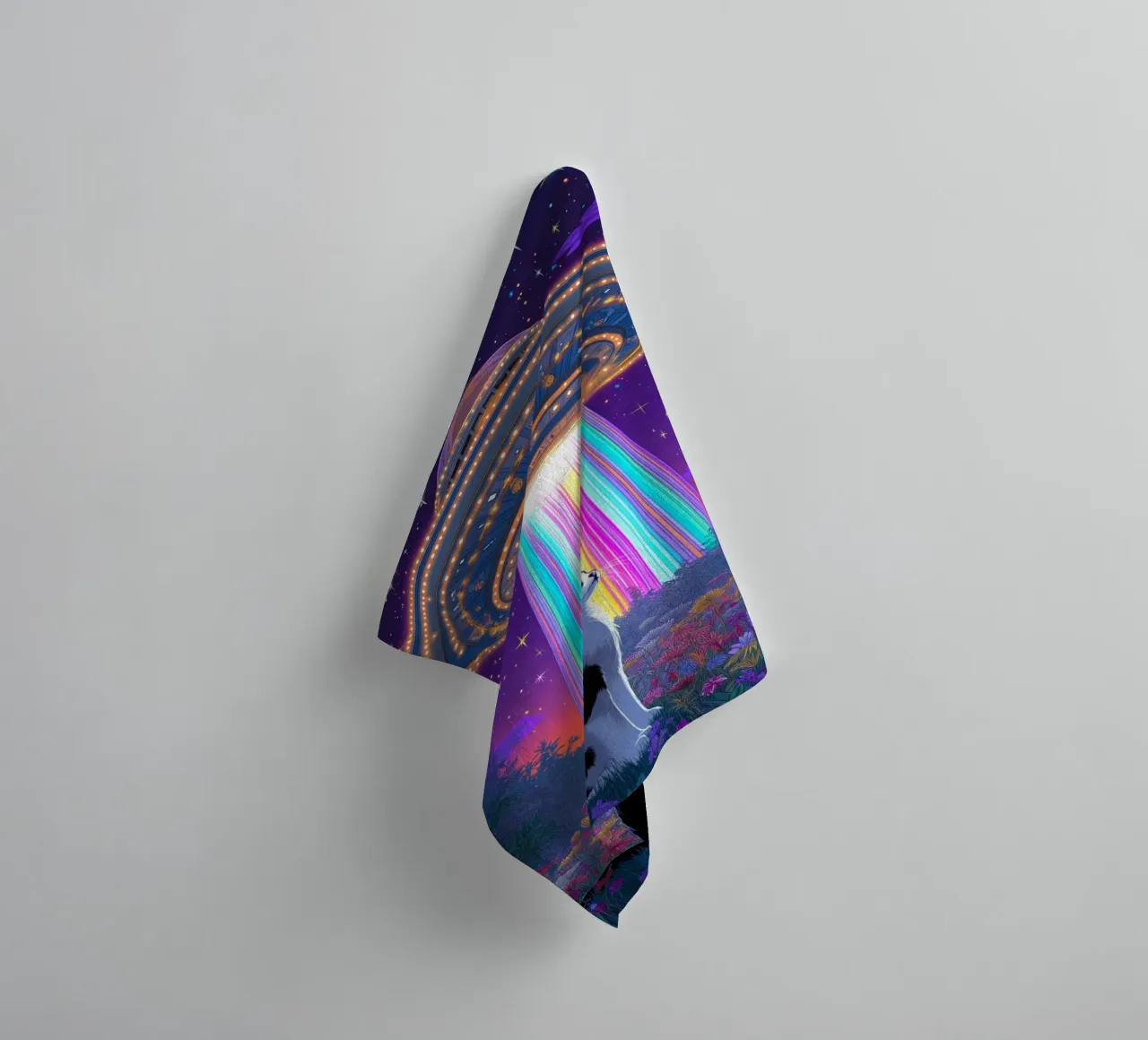 Cat and UFO towel by Fleur de Lys