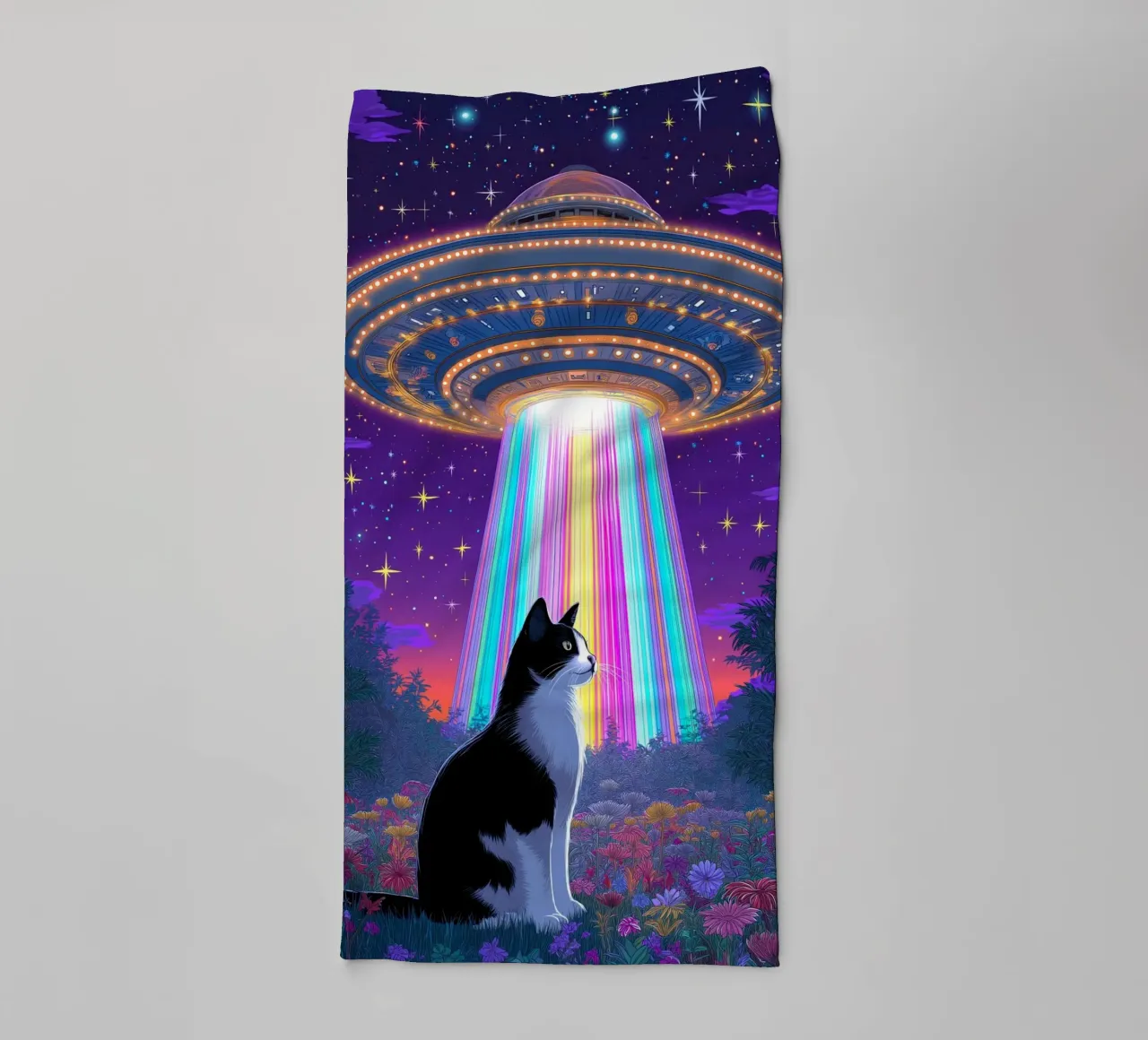 Cat and UFO towel by Fleur de Lys