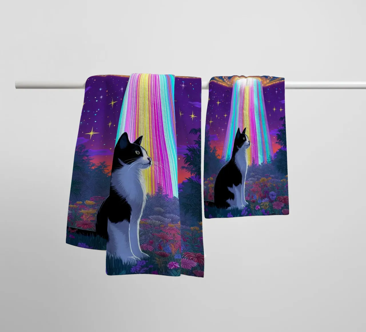Cat and UFO towel by Fleur de Lys