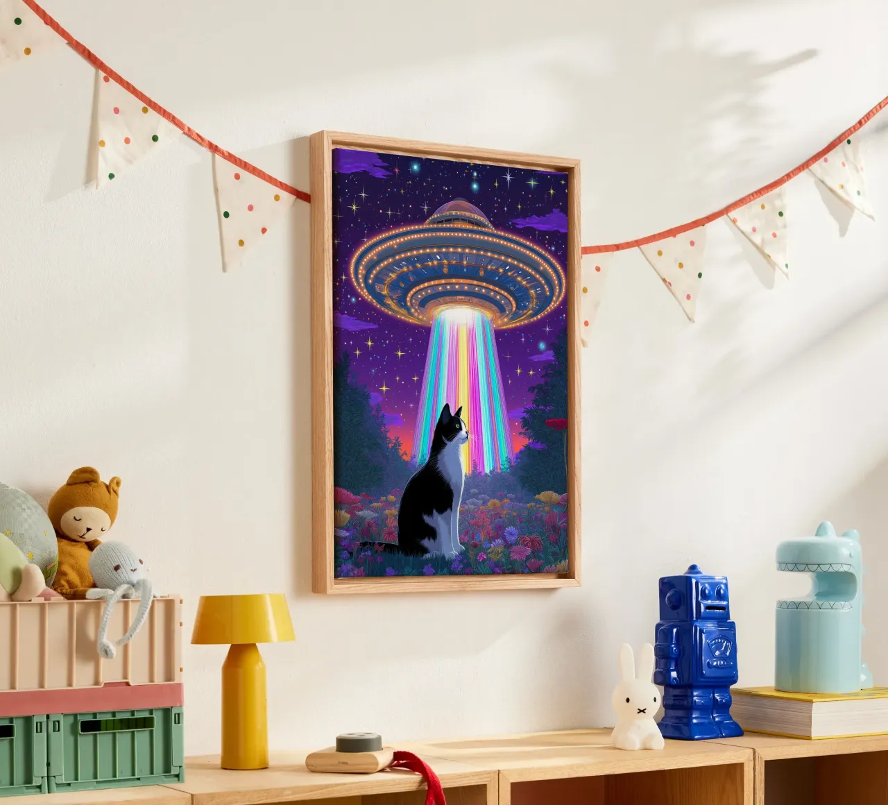 Cat and UFO canvas by Fleur de Lys