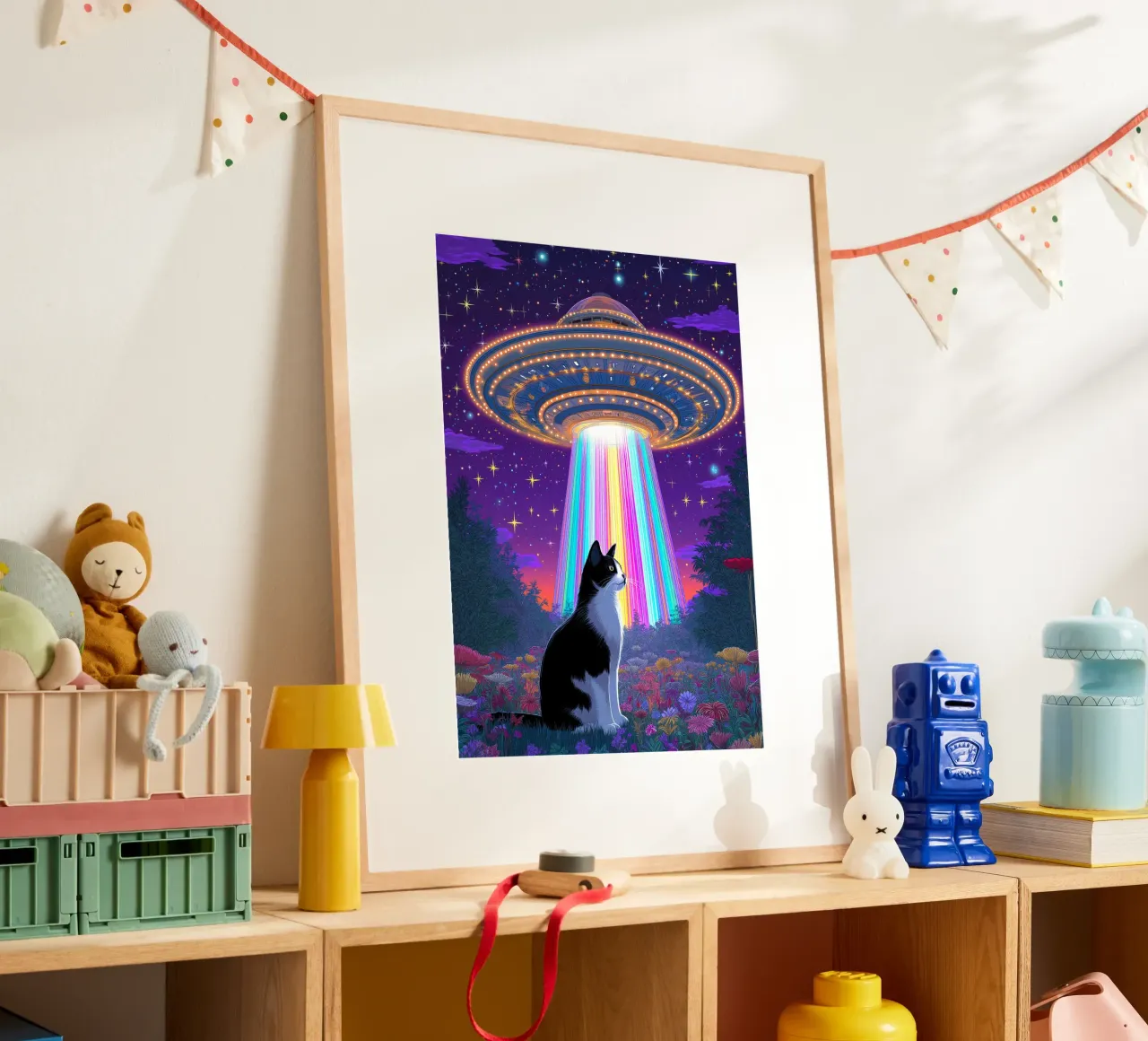 Gatto e UFO poster con telaio in alluminio da Fleur de Lys