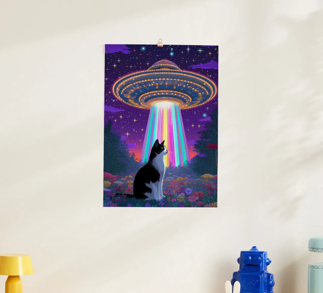 Gatto e UFO poster con telaio in alluminio da Fleur de Lys