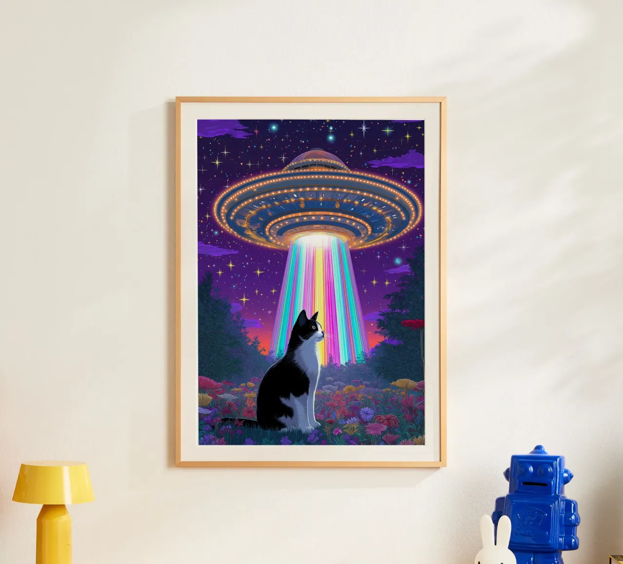 Gatto e UFO poster con telaio in alluminio da Fleur de Lys
