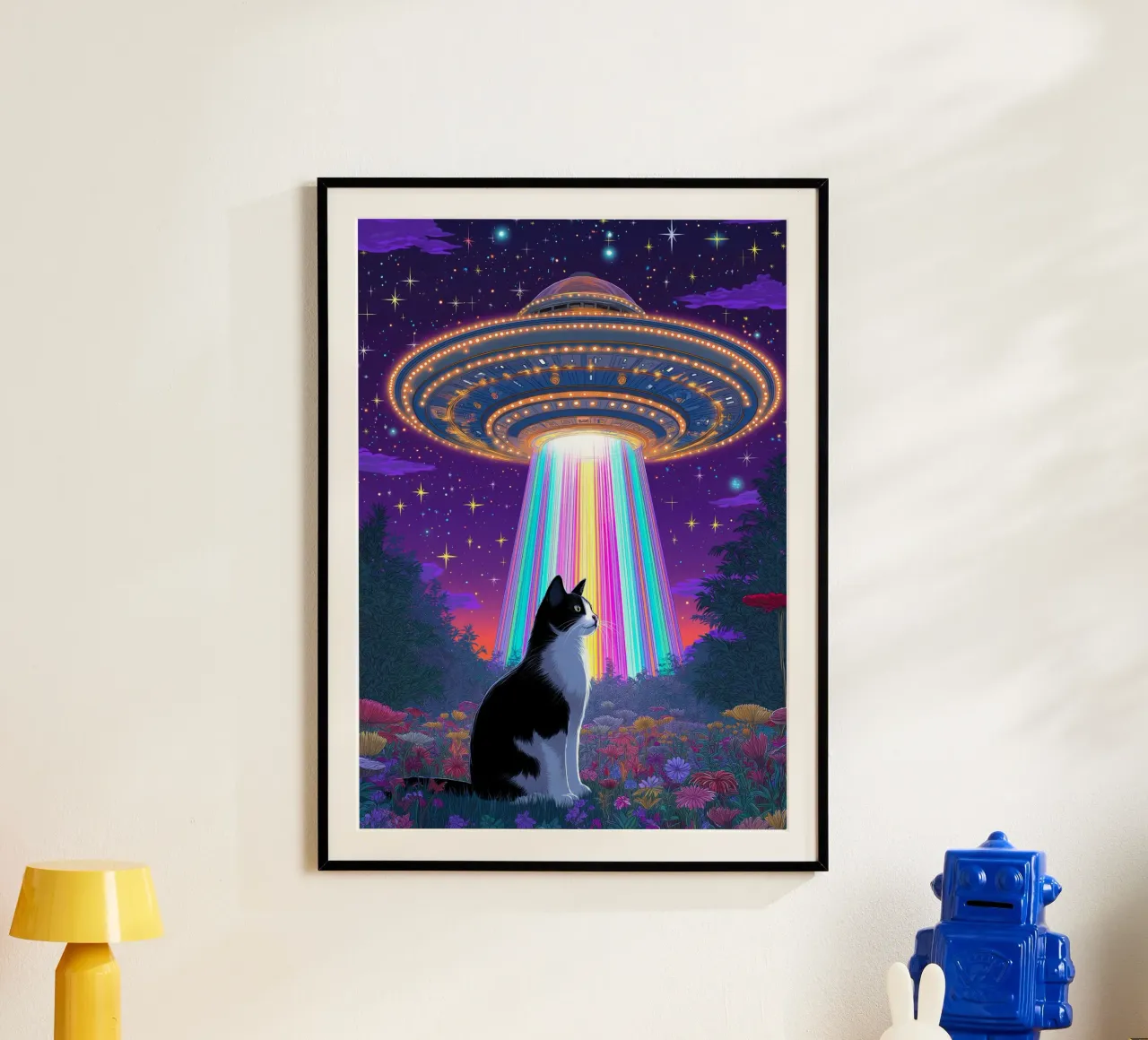Gatto e UFO poster con telaio in alluminio da Fleur de Lys