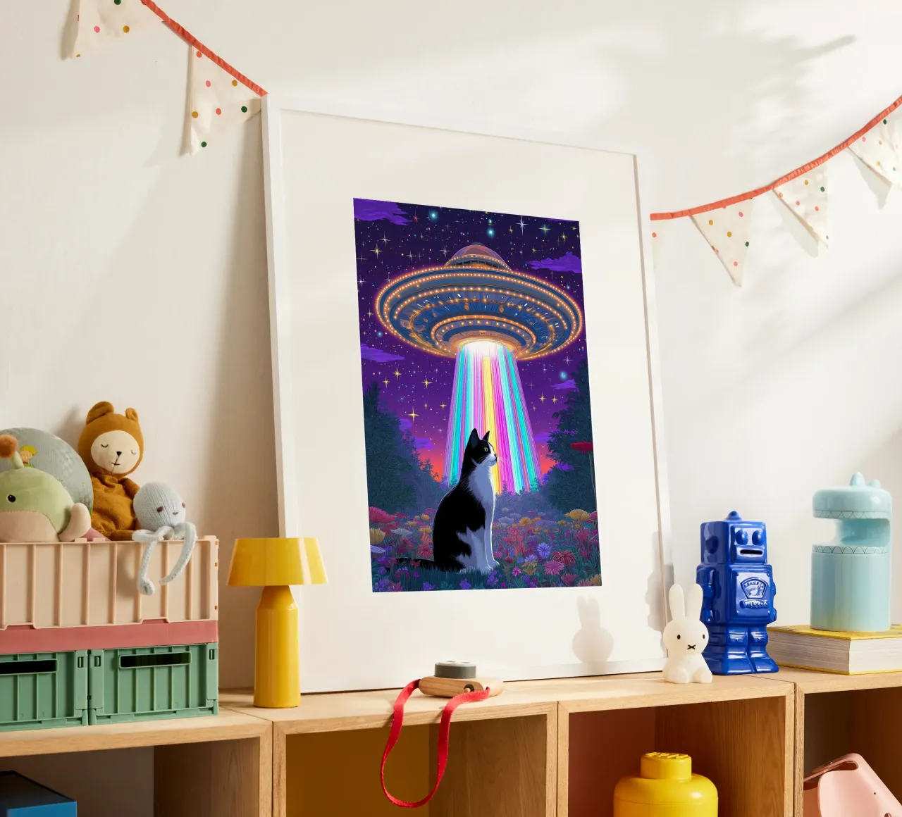 Gatto e UFO poster con telaio in alluminio da Fleur de Lys