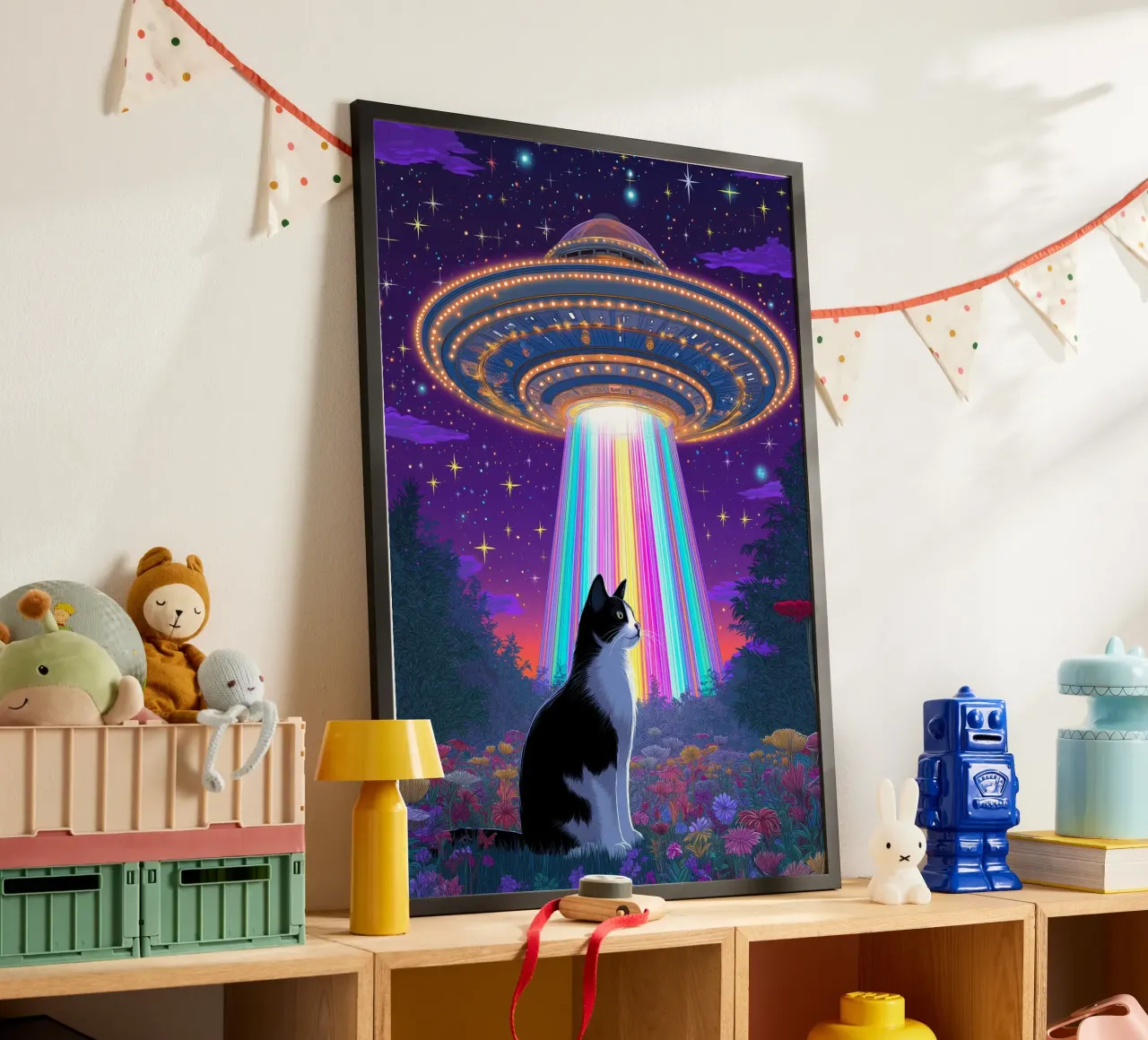 Gatto e UFO poster con telaio in alluminio da Fleur de Lys