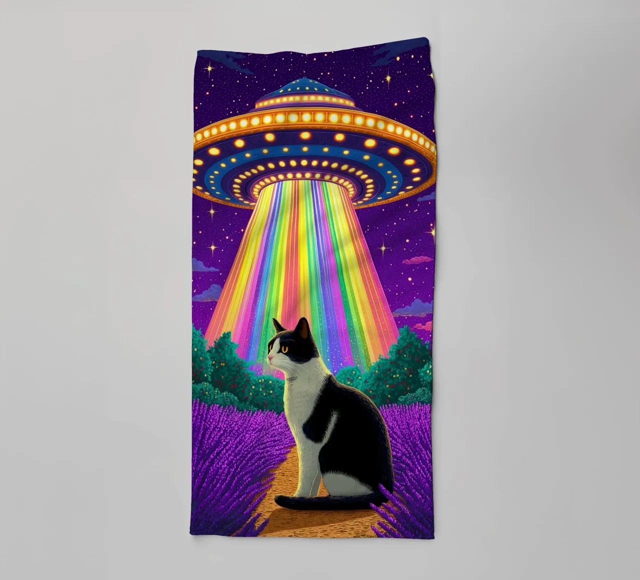 Cat and UFO towel by Fleur de Lys